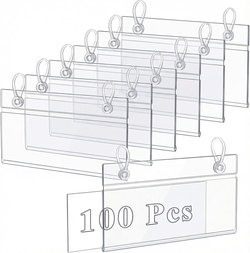 Elsjoy 100 Pack Plastic Wire Shelf Label Holders, 4" x 2.3" Clear Price Tag Holder Sign & Ticket Holder with Double Snap Lock Closure, Reusable Basket Label Holders for Market, Retail Shop, Pantry - Image 1